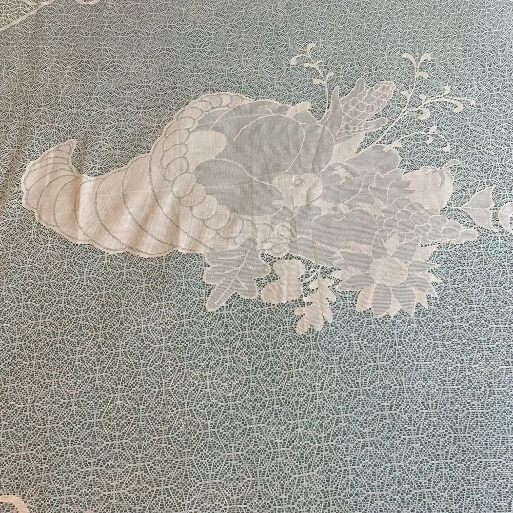 Cornucopia design tablecloth lace cream colored lscalloped edges Thanks Giving